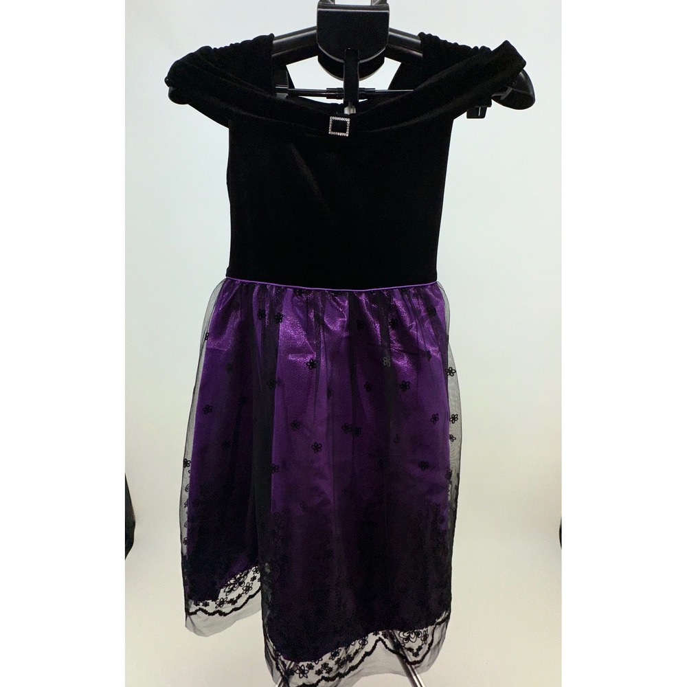 Girls 12 Black Velvet Off Shoulder Dress Purple Tulle Overlay‎ Party Holiday